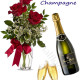 Bottiglia di Champagne con bouquet di 3 Rose rosse
